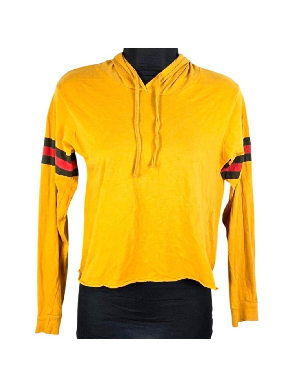 On Fire Mustard Yellow Hooded Long Sleeve Shirt With Striped Bands on Sleeves  J